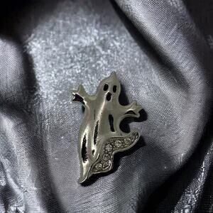 Silver Ghost Halloween Pin Brooch with Rhinestones - Spooky Costume Jewelry